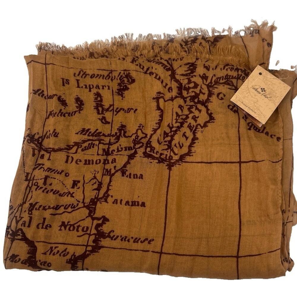 NWT Patricia Nash Signature Map Print Brown Scarf Wrap Fringe Edges Lightweight - Picture 2 of 6